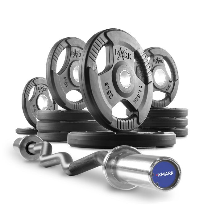 XMARK Tri-Grip Olympic Weight Plates and Curl Barbell Sets XM-36701-BLACK-3377-BAL-65 - Sweatfully