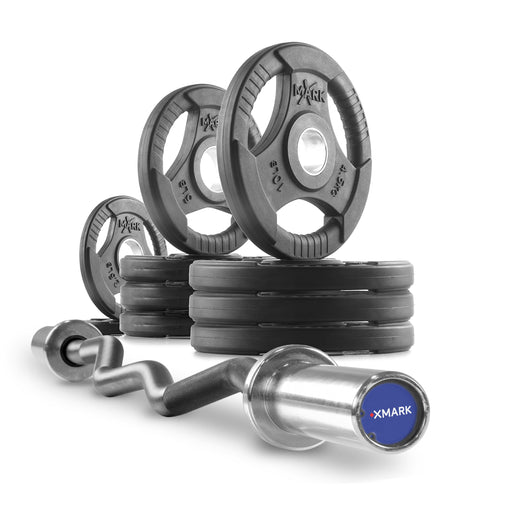 XMARK Tri-Grip Olympic Weight Plates and Curl Barbell Sets XM-36701-BLACK-3377-BAL-65 - Sweatfully