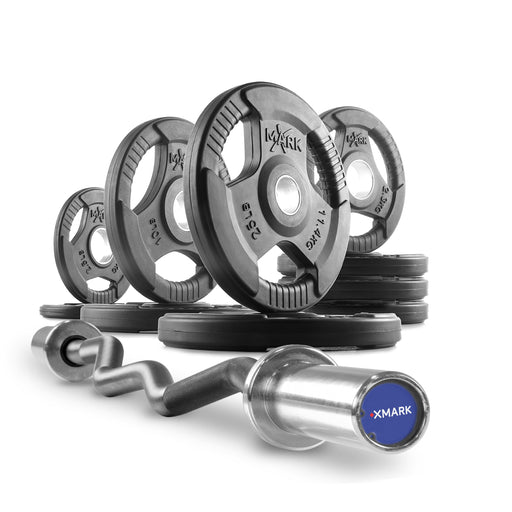 XMARK Tri-Grip Olympic Weight Plates and Curl Barbell Sets XM-36701-BLACK-3377-BAL-65 - Sweatfully
