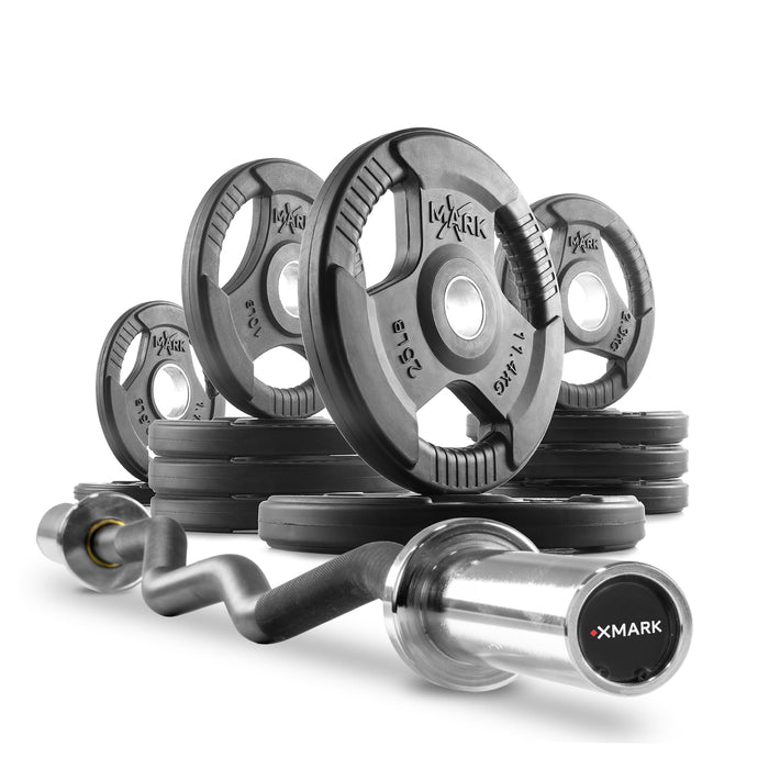 XMARK Tri-Grip Olympic Weight Plates and Curl Barbell Sets XM-36701-BLACK-3377-BAL-65 - Sweatfully