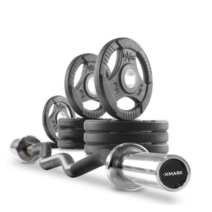 XMARK Tri-Grip Olympic Weight Plates and Curl Barbell Sets XM-36701-BLACK-3377-BAL-65 - Sweatfully