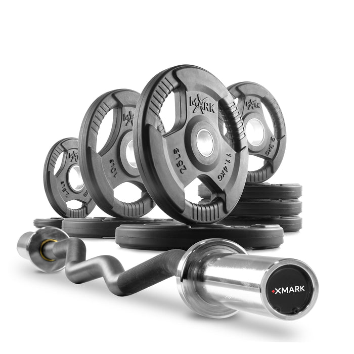 XMARK Tri-Grip Olympic Weight Plates and Curl Barbell Sets XM-36701-BLACK-3377-BAL-65 - Sweatfully