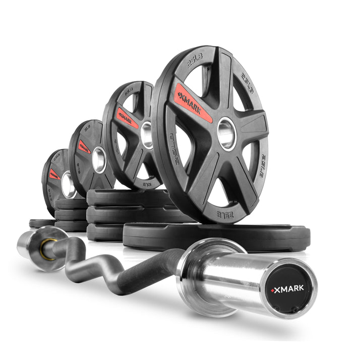 XMARK Texas Star Olympic Weight Plates and Curl Barbell Sets XM-3675-BLACK-3389-BAL-65 - Sweatfully