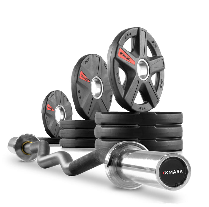 XMARK Texas Star Olympic Weight Plates and Curl Barbell Sets XM-3675-BLACK-3389-BAL-65 - Sweatfully
