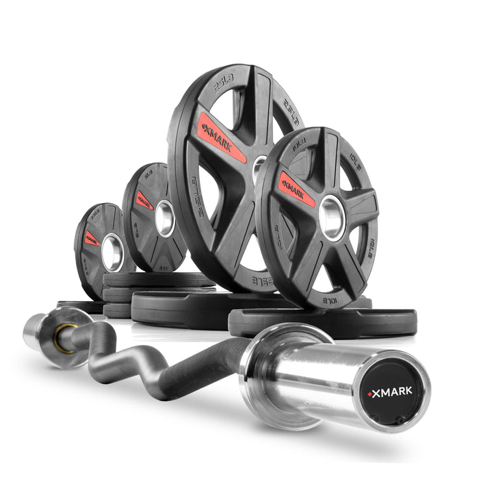 XMARK Texas Star Olympic Weight Plates and Curl Barbell Sets XM-3675-BLACK-3389-BAL-65 - Sweatfully