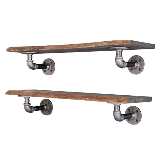 24” Boulder Black Live Edge Wood Shelf with L-Shaped Pipe Brackets (2-Pack) - Sweatfully
