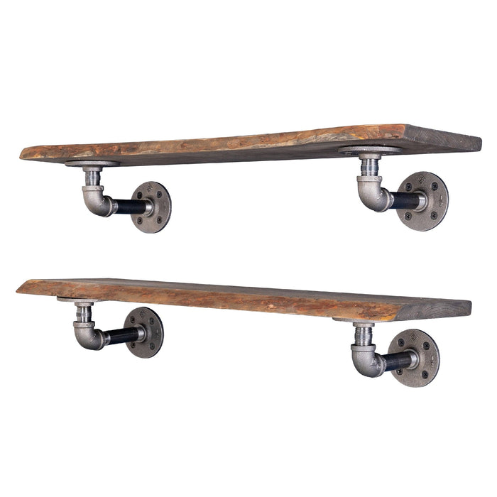 24” Boulder Black Live Edge Wood Shelf with L-Shaped Pipe Brackets (2-Pack) - Sweatfully