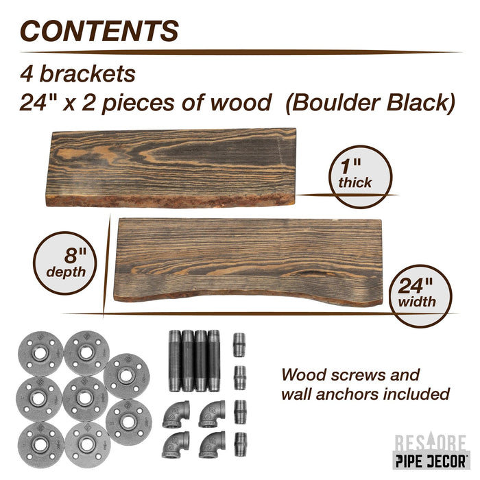 24” Boulder Black Live Edge Wood Shelf with L-Shaped Pipe Brackets (2-Pack) - Sweatfully