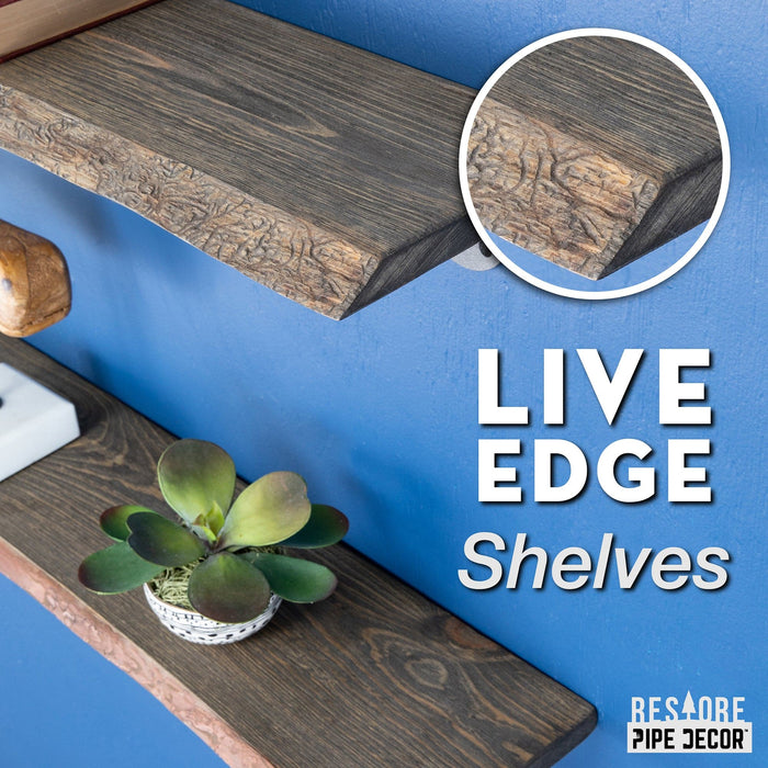 24” Boulder Black Live Edge Wood Shelf with L-Shaped Pipe Brackets (2-Pack) - Sweatfully