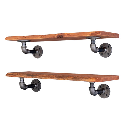 24” Sunset Cedar Live Edge Wood Shelf with L-Shaped Pipe Brackets (2-Pack) - Sweatfully