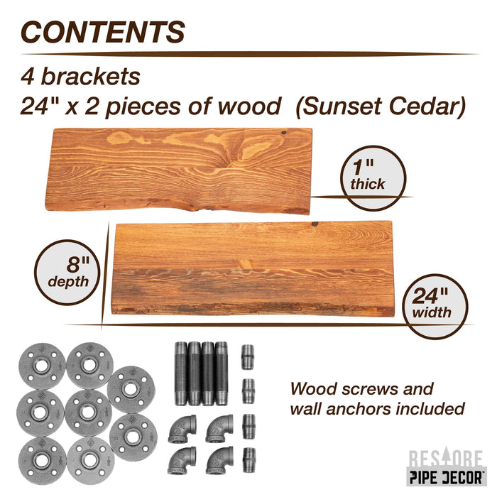 24” Sunset Cedar Live Edge Wood Shelf with L-Shaped Pipe Brackets (2-Pack) - Sweatfully
