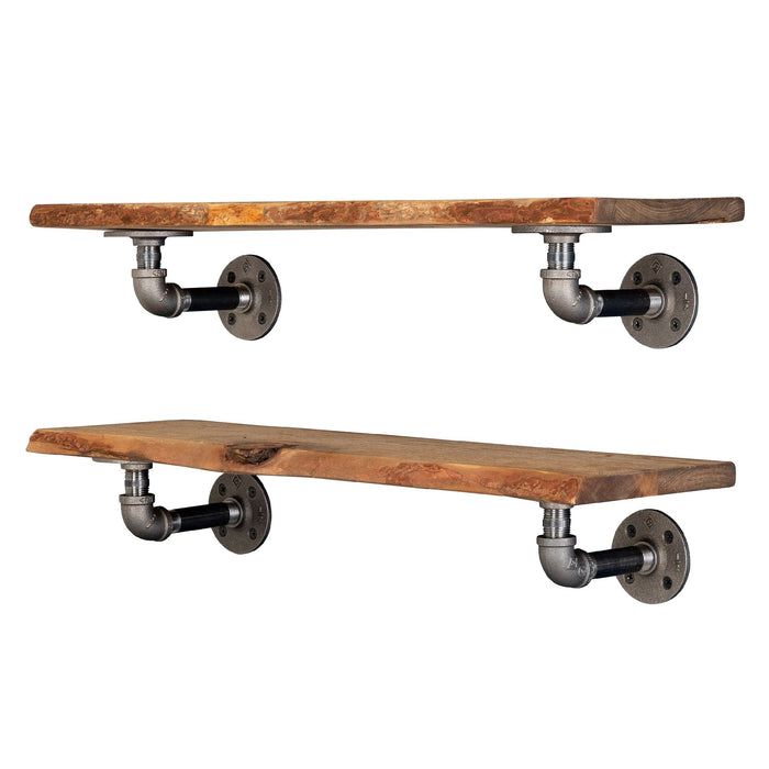 24” Trail Brown Live Edge Wood Shelf with L-Shaped Pipe Brackets (2-Pack) - Sweatfully