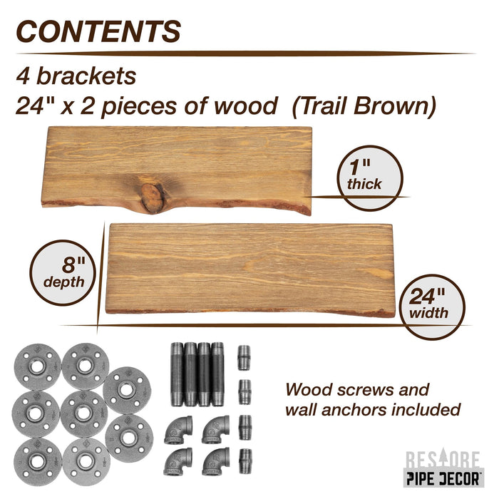 24” Trail Brown Live Edge Wood Shelf with L-Shaped Pipe Brackets (2-Pack) - Sweatfully