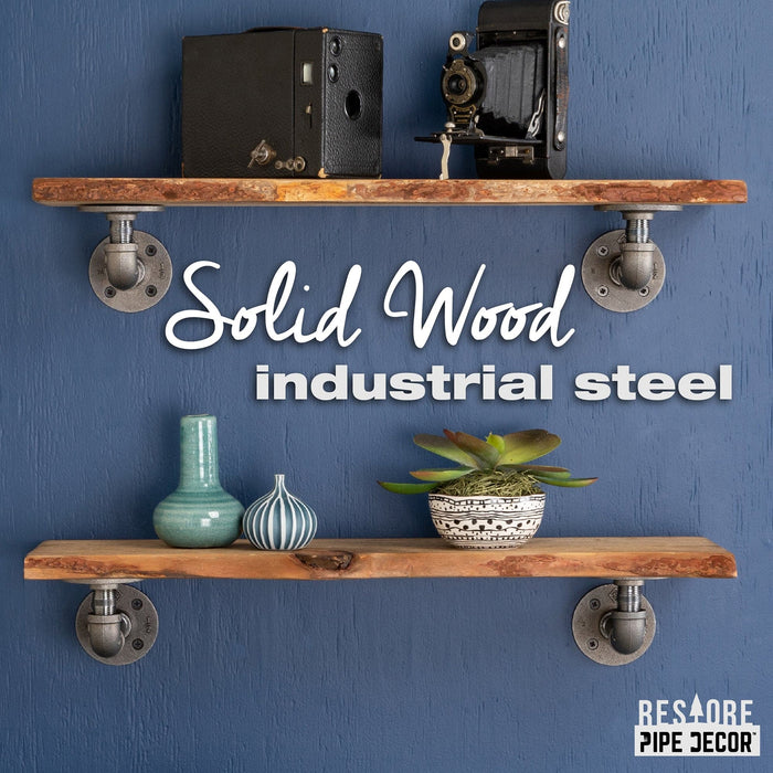 24” Trail Brown Live Edge Wood Shelf with L-Shaped Pipe Brackets (2-Pack) - Sweatfully