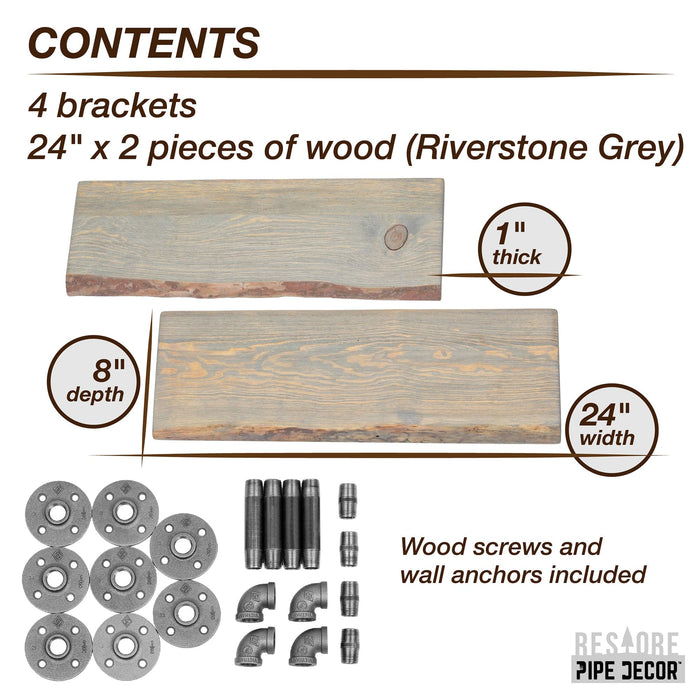 24” Riverstone Grey Live Edge Wood Shelf with L-Shaped Pipe Brackets (2-Pack) - Sweatfully