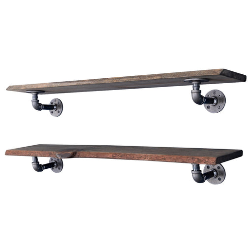 36” Boulder Black Live Edge Wood Shelf with L-Shaped Pipe Brackets (2-Pack) - Sweatfully