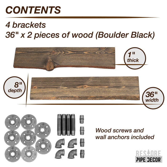 36” Boulder Black Live Edge Wood Shelf with L-Shaped Pipe Brackets (2-Pack) - Sweatfully