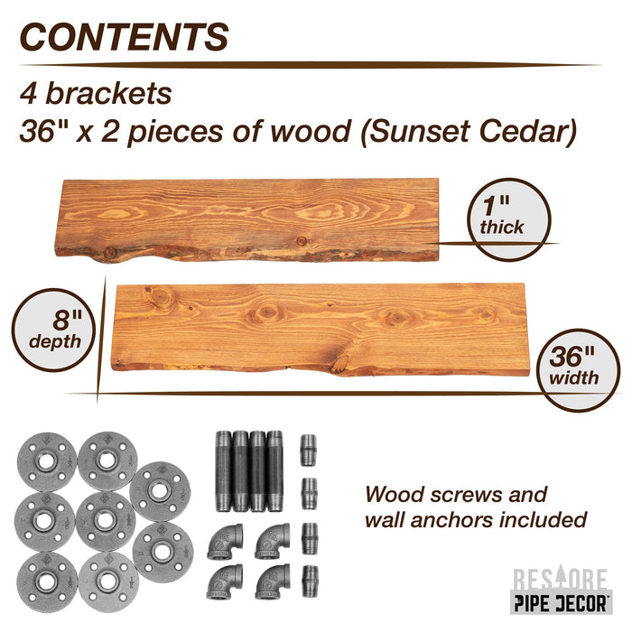 36” Sunset Cedar Live Edge Wood Shelf with L-Shaped Pipe Brackets (2-Pack) - Sweatfully