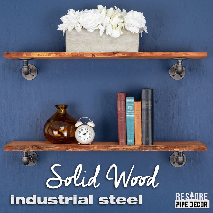 36” Sunset Cedar Live Edge Wood Shelf with L-Shaped Pipe Brackets (2-Pack) - Sweatfully