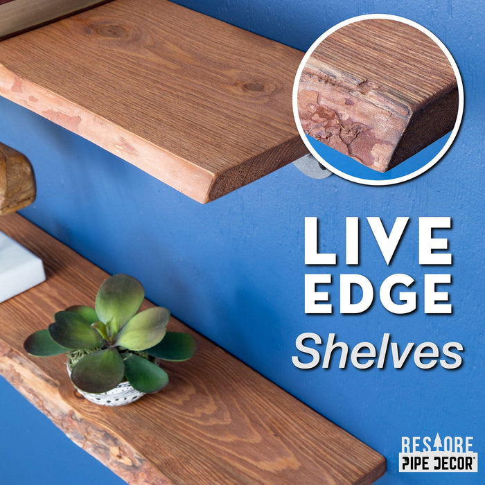 36” Sunset Cedar Live Edge Wood Shelf with L-Shaped Pipe Brackets (2-Pack) - Sweatfully