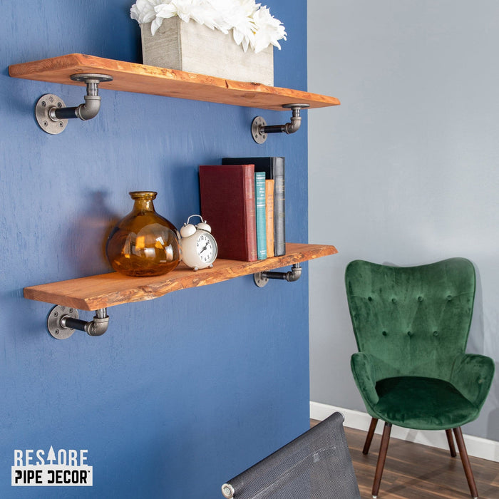 36” Sunset Cedar Live Edge Wood Shelf with L-Shaped Pipe Brackets (2-Pack) - Sweatfully