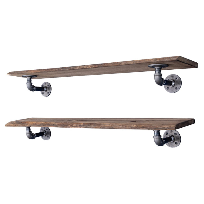 36” Trail Brown Live Edge Wood Shelf with L-Shaped Pipe Brackets (2-Pack) - Sweatfully