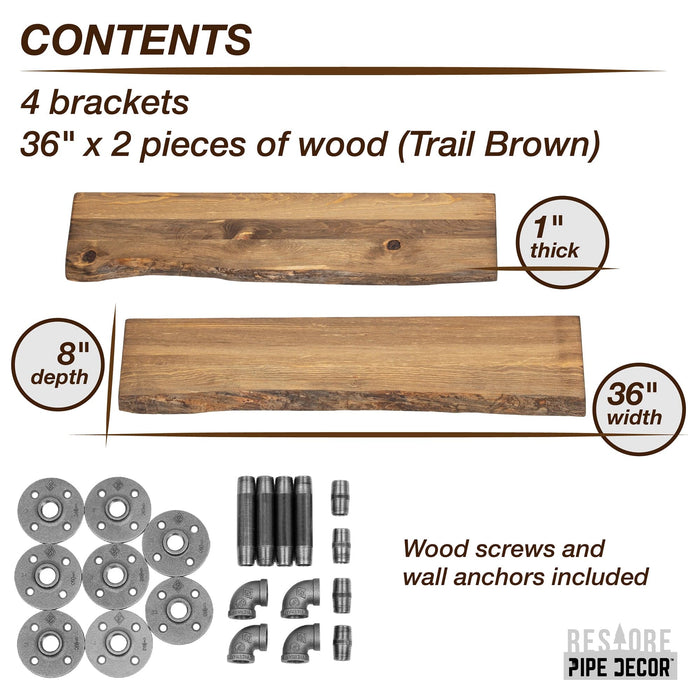 36” Trail Brown Live Edge Wood Shelf with L-Shaped Pipe Brackets (2-Pack) - Sweatfully