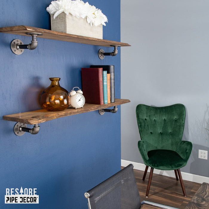 36” Trail Brown Live Edge Wood Shelf with L-Shaped Pipe Brackets (2-Pack) - Sweatfully