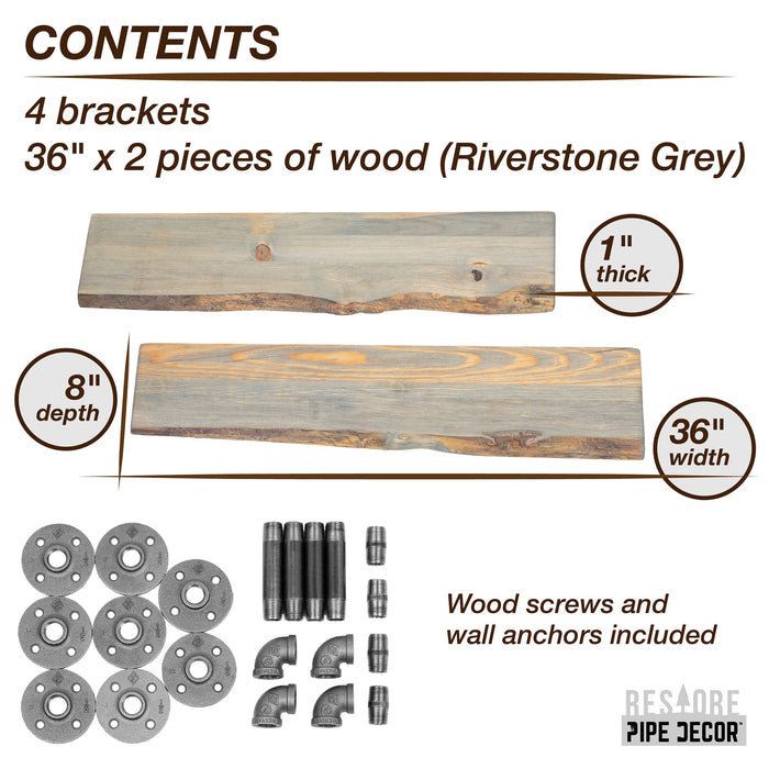 36” Riverstone Grey Live Edge Wood Shelf with L-Shaped Pipe Brackets (2-Pack) - Sweatfully