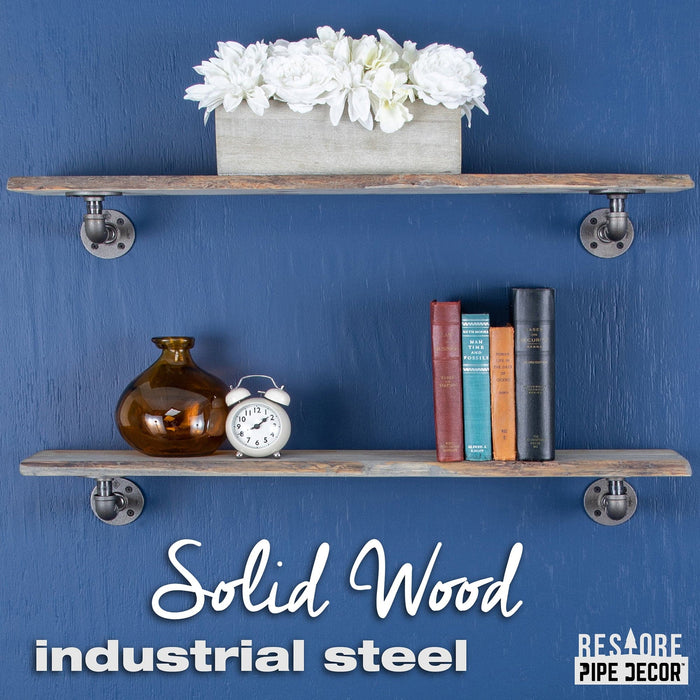 36” Riverstone Grey Live Edge Wood Shelf with L-Shaped Pipe Brackets (2-Pack) - Sweatfully