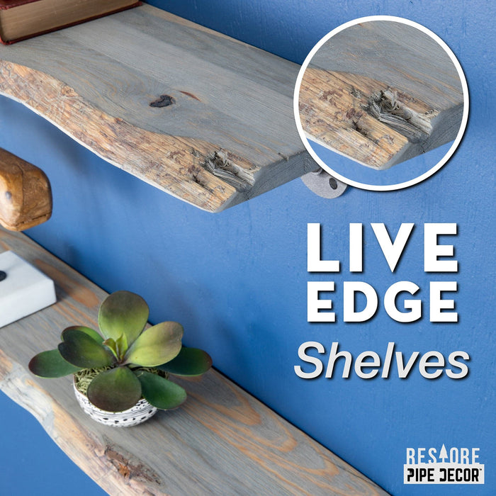 36” Riverstone Grey Live Edge Wood Shelf with L-Shaped Pipe Brackets (2-Pack) - Sweatfully