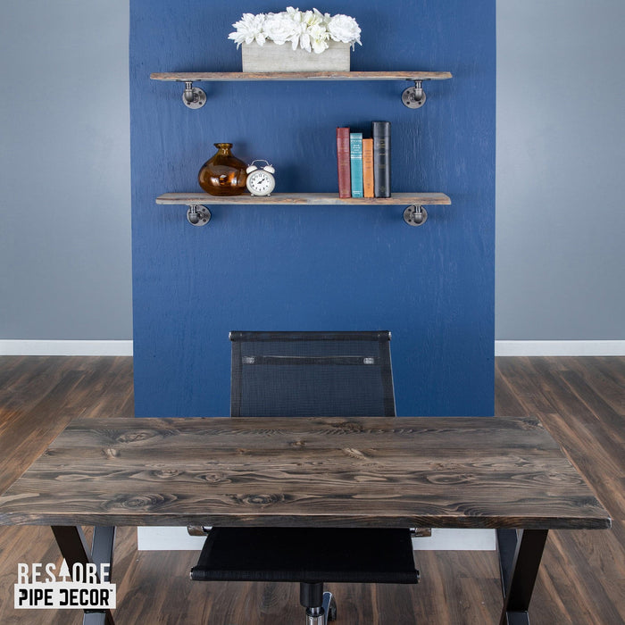 36” Riverstone Grey Live Edge Wood Shelf with L-Shaped Pipe Brackets (2-Pack) - Sweatfully