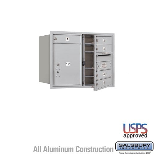 Salsbury 6 Door High Recessed Mounted 4C Horizontal Mailbox with 5 Doors and 1 Parcel Locker in Aluminum with USPS Access - Front Loading - Sweatfully