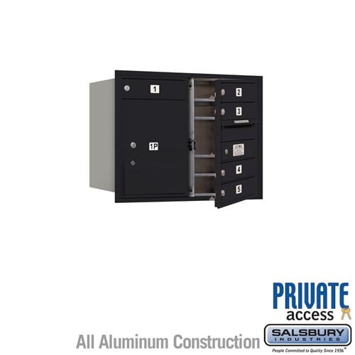 Salsbury 6 Door High Recessed Mounted 4C Horizontal Mailbox with 5 Doors and 1 Parcel Locker in Black with Private Access - Front Loading - Sweatfully
