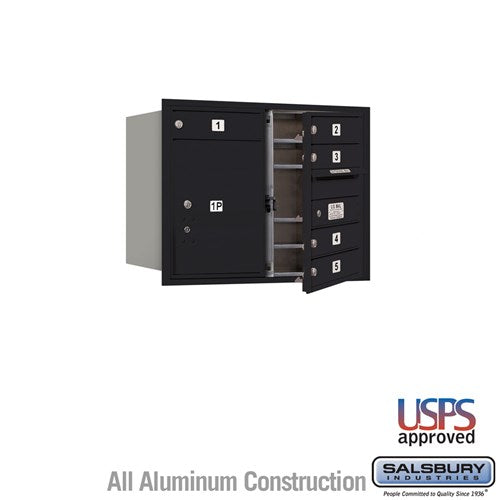 Salsbury 6 Door High Recessed Mounted 4C Horizontal Mailbox with 5 Doors and 1 Parcel Locker in Black with USPS Access - Front Loading - Sweatfully