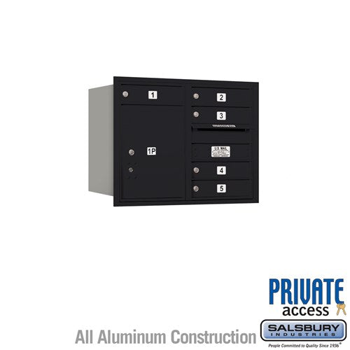Salsbury 6 Door High Recessed Mounted 4C Horizontal Mailbox with 5 Doors and 1 Parcel Locker in Black with Private Access - Rear Loading - Sweatfully