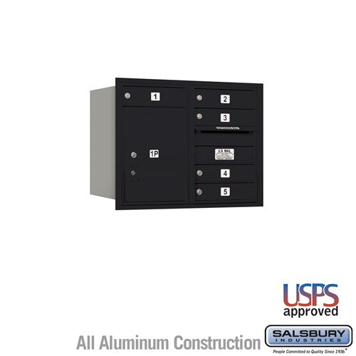 Salsbury 6 Door High Recessed Mounted 4C Horizontal Mailbox with 5 Doors and 1 Parcel Locker in Black with USPS Access - Rear Loading - Sweatfully
