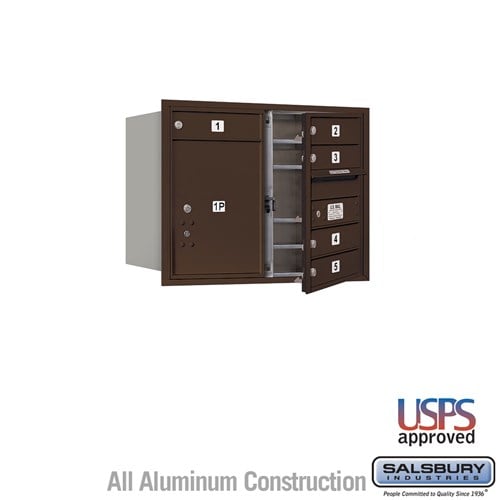 Salsbury 6 Door High Recessed Mounted 4C Horizontal Mailbox with 5 Doors and 1 Parcel Locker in Bronze with USPS Access - Front Loading - Sweatfully