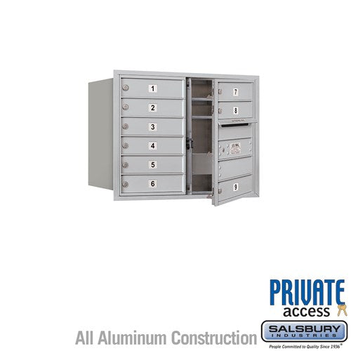 Salsbury 6 Door High Recessed Mounted 4C Horizontal Mailbox with 9 Doors in Aluminum with Private Access - Front Loading - Sweatfully