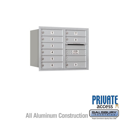 Salsbury 6 Door High Recessed Mounted 4C Horizontal Mailbox with 9 Doors in Aluminum with Private Access - Rear Loading - Sweatfully