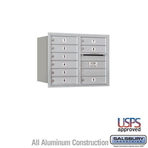 Salsbury 6 Door High Recessed Mounted 4C Horizontal Mailbox with 9 Doors in Aluminum with USPS Access - Rear Loading - Sweatfully