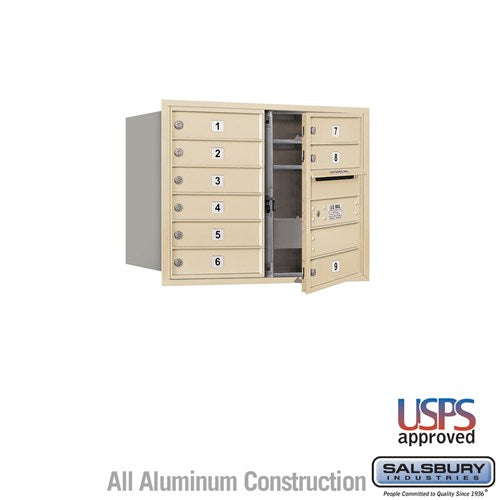 Salsbury 6 Door High Recessed Mounted 4C Horizontal Mailbox with 9 Doors in Sandstone with USPS Access - Front Loading - Sweatfully