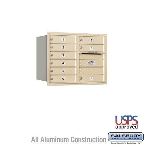 Salsbury 6 Door High Recessed Mounted 4C Horizontal Mailbox with 9 Doors in Sandstone with USPS Access - Rear Loading - Sweatfully