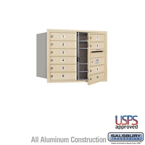 Salsbury 6 Door High Recessed Mounted 4C Horizontal Mailbox with 10 Doors in Sandstone with USPS Access - Front Loading - Sweatfully