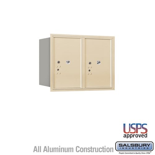 Salsbury 6 Door High Recessed Mounted 4C Horizontal Parcel Locker with 2 Parcel Lockers in Sandstone with USPS Access - Rear Loading - Sweatfully
