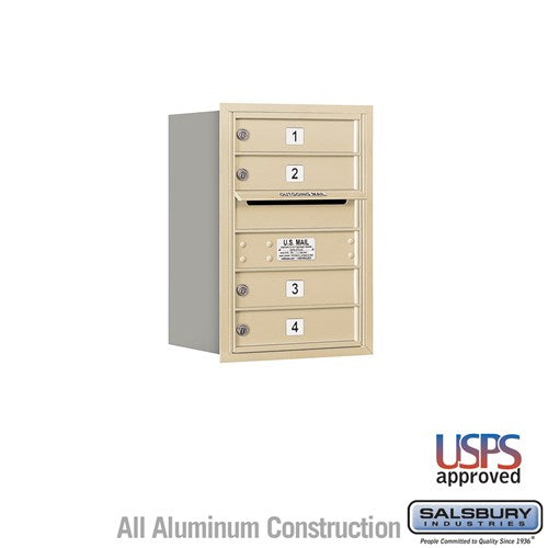 Salsbury 6 Door High Recessed Mounted 4C Horizontal Mailbox with 4 Doors in Sandstone with USPS Access - Rear Loading - Sweatfully