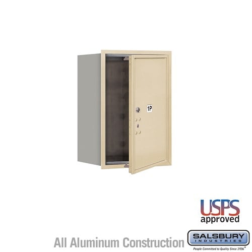 Salsbury 6 Door High Recessed Mounted 4C Horizontal Parcel Locker with 1 Parcel Locker in Sandstone with USPS Access - Front Loading - Sweatfully