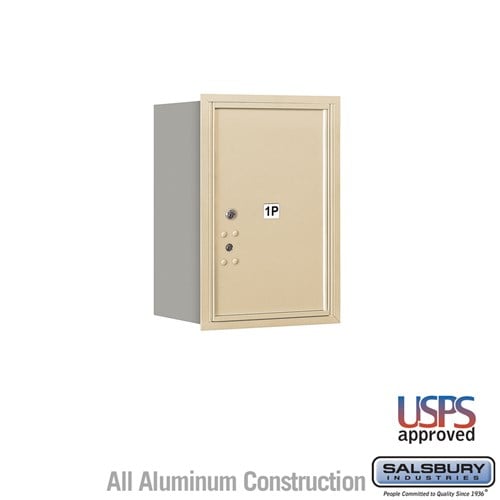 Salsbury 6 Door High Recessed Mounted 4C Horizontal Parcel Locker with 1 Parcel Locker in Sandstone with USPS Access - Rear Loading - Sweatfully