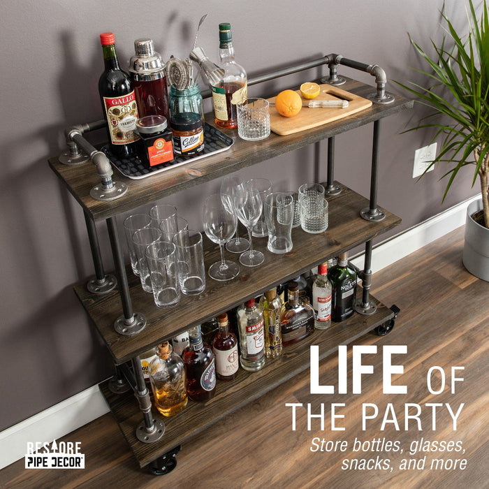 Three-tier Wood Shelf Industrial Bar Cart with Locking Wheels, Boulder Black - Sweatfully