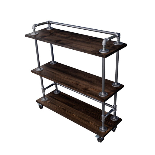 Three-tier Wood Shelf Industrial Bar Cart with Locking Wheels, Boulder Black - Sweatfully